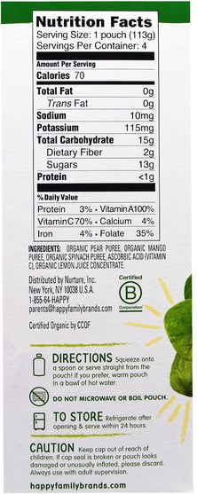兒童健康，兒童食品 - Nurture (Happy Baby), Organic Baby Food, Spinach, Mangos & Pears, 4 Pack - 4 oz (113 g)