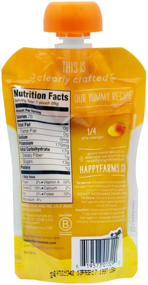兒童健康，兒童食品 - Nurture (Happy Baby), Organic Baby Food, Stage 1, Clearly Crafted, Mangos, 4 + Months, 3.5 oz (99 g)