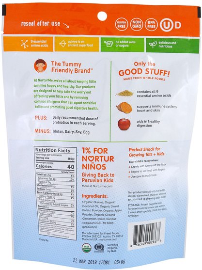 兒童健康，兒童食品 - NurturMe, 100% Quinoa Squares, Toddler + Kid, Sweet Potato + Apple + Cinnamon, 1.76 oz (50 g)