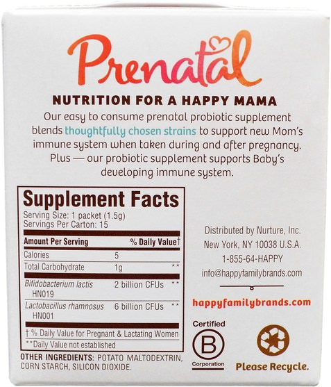 兒童健康，兒童食品，產前多種維生素 - Nurture (Happy Baby), Prenatal, Probiotic Supplement, Flavor Free, 15 Single Serve Packets - 0.8 oz (23 g)