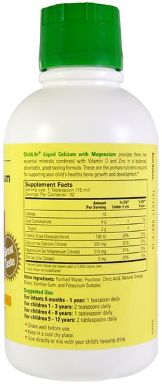 兒童健康，補充兒童 - ChildLife, Essentials, Liquid Calcium with Magnesium, Natural Orange Flavor, 16 fl oz (474 ml)
