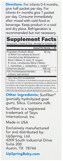 兒童健康，補品，兒童益生菌 - UpSpring, Probiotic + Colostrum, Unflavored Powder, 30 Packets, 0.74 oz (21 g) Each