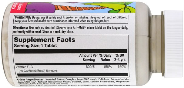 兒童健康，補充兒童，維生素D3 - KAL, Vitamin D-Rex, Watermelon, 600 IU, 120 Micro Tablets