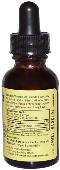 兒童健康，補充兒童，維生素D3，維生素D3液體 - ChildLife, Essentials, Vitamin D3, Natural Berry Flavor, 1 fl oz (29.6 ml)