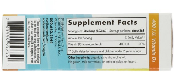 兒童健康，補充兒童，維生素D3，維生素D3液體 - Nordic Naturals, Babys Vitamin D3, 400 I.U., 0.37 fl oz (11 ml)