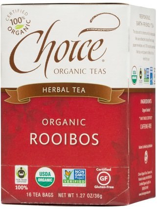 Herbal Tea, Organic Rooibos, Caffeine-Free, 16 Bags, 1.27 oz (36 g) by Choice Organic Teas, 食物，涼茶，如意寶茶 HK 香港