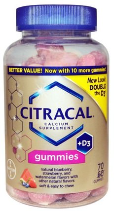 Calcium Supplement + D3 Gummies, Natural Blueberry, Strawberry, and Watermelon, 70 Gummies by Citracal, 補充劑，gummies，礦物質，鈣維生素d HK 香港