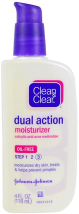 Dual Action Moisturizer, Salicylic Acid Acne Medication, 4 fl oz (118 ml) by Clean & Clear, 美容，面部護理，面霜，乳液，健康，粉刺，皮膚類型的粉刺容易皮膚 HK 香港