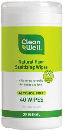 All-Natural Hand Sanitizing Wipes, Alcohol Free, Original, 40 Wipes, 5 x 8 in (12.7 x 20.3 cm) Each by Clean Well, 洗澡，美容，洗手液 HK 香港
