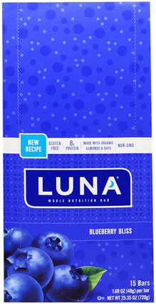 Luna, Whole Nutrition Bar for Women, Blueberry Bliss, 15 Bars, 1.69 oz (48 g) Each by Clif Bar, 運動，女性運動產品，營養棒 HK 香港