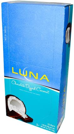 Luna, Whole Nutrition Bar for Women, Chocolate Dipped Coconut, 15 Bars, 1.69 oz (48 g) Each by Clif Bar, 運動，女性運動產品，營養棒 HK 香港