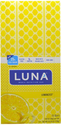 Luna Whole Nutrition Bar, Lemonzest, 15 Bars, 1.69 oz (48 g) Each by Clif Bar, 健康，女性，女性運動產品 HK 香港