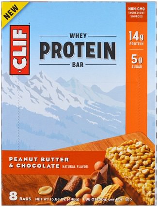 Whey Protein Bar, Peanut Butter & Chocolate, 8 Bars, 1.98 oz (56 g) Each by Clif Bar, 補品，運動，蛋白質棒 HK 香港