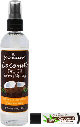 Coconut Dry Oil Body Spray + Coconut Lip Balm, 6 fl oz (180 ml), 4.2 g (15 oz) by Cococare, 健康，皮膚，沐浴，美容油，身體護理油 HK 香港