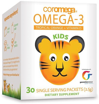 Kids, Omega-3, Tropical Orange + Vitamin D, 30 Single Serving Packets (2.5 g) by Coromega, 補充劑，efa omega 3 6 9（epa dha），dha，epa HK 香港