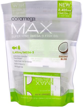 Max, Super High Omega-3 Fish Oil, Coconut Bliss, 2.400 mg, 60 Squeeze Shots, 2.5 g Each by Coromega, 補充劑，efa omega 3 6 9（epa dha），dha，epa，魚油 HK 香港
