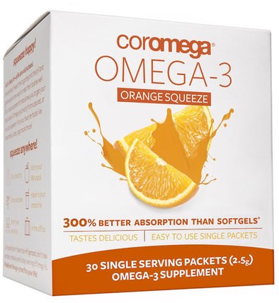 Omega-3, Orange Squeeze, 30 Packets, (2.5 g) Each by Coromega, 補充劑，efa omega 3 6 9（epa dha），魚油 HK 香港