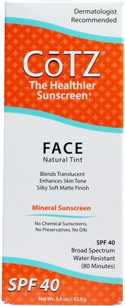 Face, Natural Tint Sunscreen, SPF 40, 1.5 oz (42.5 g) by Cotz, 美容，面部護理，spf面部護理 HK 香港