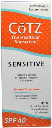 The Healthier Sunscreen, Sensitive, SPF 40, 3.5 oz (100 g) by Cotz, 洗澡，美容，防曬霜，spf 30-45 HK 香港