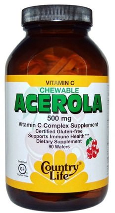 Acerola, Vitamin C Chewable, Cherry, 500 mg, 90 Wafers by Country Life, 維生素，維生素C咀嚼 HK 香港
