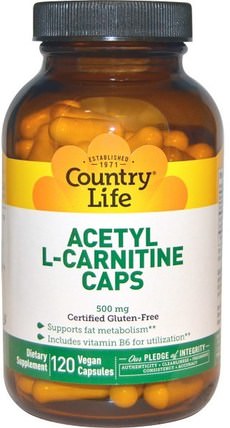Acetyl L-Carnitine Caps, 500 mg, 120 Vegan Capsules by Country Life, 補充劑，氨基酸，左旋肉鹼 HK 香港