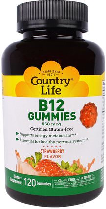 B12 Gummies, Strawberry Flavor, 850 mcg, 120 Gummies by Country Life, 維生素，維生素b，維生素b12 HK 香港