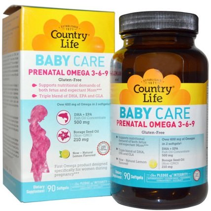 Baby Care, Prenatal Omega 3-6-9, Lemon, 90 Softgels by Country Life, 維生素，產前多種維生素 HK 香港