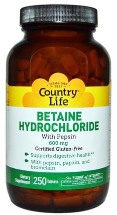 Betaine Hydrochloride, with Pepsin, 600 mg, 250 Tablets by Country Life, 補充劑，甜菜鹼hcl，鹽酸氨基葡萄糖 HK 香港