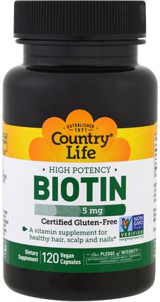 Biotin, High Potency, 5 mg, 120 Vegan Caps by Country Life, 維生素，生物素 HK 香港