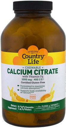 Calcium Citrate, Orange Flavor, 120 Chewable Wafers by Country Life, 補品，礦物質，鈣 HK 香港