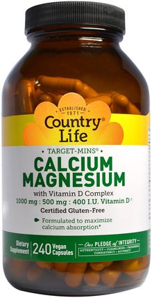 Calcium-Magnesium with Vitamin D Complex, 240 Vegan Capsules by Country Life, 補充劑，礦物質，鈣和鎂 HK 香港