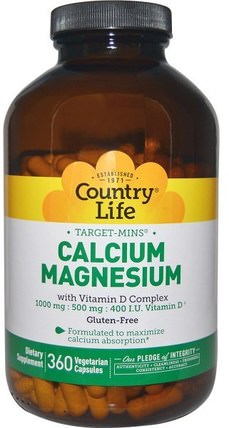 Calcium Magnesium, with Vitamin D Complex, 360 Veggie Caps by Country Life, 維生素，補品，礦物質 HK 香港