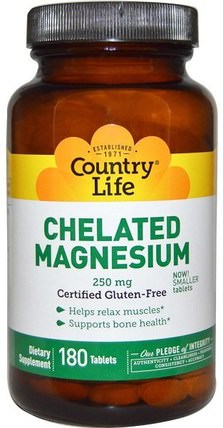 Chelated Magnesium, 250 mg, 180 Tablets by Country Life, 補品，礦物質，鎂螯合物 HK 香港