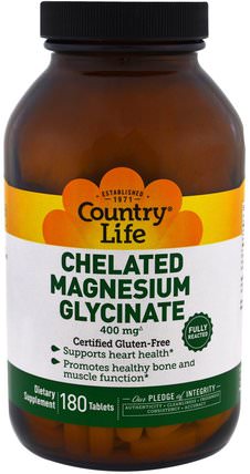 Chelated Magnesium Glycinate, 180 Tablets by Country Life, 補品，礦物質，鎂 HK 香港