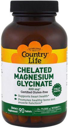 Chelated Magnesium Glycinate, 400 mg, 90 Tablets by Country Life, 補品，礦物質，鎂 HK 香港