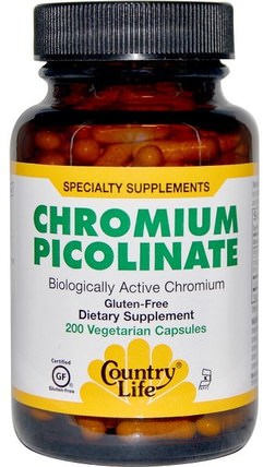 Chromium Picolinate, 200 Veggie Caps by Country Life, 補充劑，礦物質，吡啶甲酸鉻 HK 香港