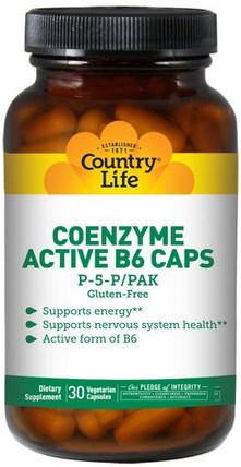 Coenzyme Active B6 Caps, P-5-P/PAK, 30 Veggie Caps by Country Life, 補充劑，輔酶b維生素 HK 香港