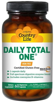 Daily Total One, Iron-Free, 60 Veggie Caps by Country Life, 維生素，多種維生素 HK 香港
