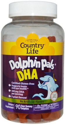 Dolphin Pals, DHA, 3 Great Flavors, 90 Sour Gummy Dolphins by Country Life, 補充劑，efa omega 3 6 9（epa dha），魚油，dha chewable HK 香港