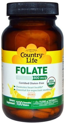 Folate, Orange Flavor, 800 mcg, 100 Chewable Wafers by Country Life, 維生素，葉酸 HK 香港