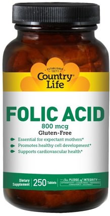 Folic Acid, 800 mcg, 250 Tablets by Country Life, 維生素，葉酸 HK 香港