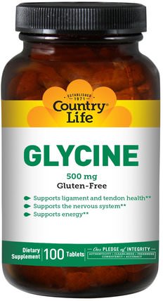 Glycine, 500 mg, 100 Tablets by Country Life, 補充劑，氨基酸，甘氨酸 HK 香港