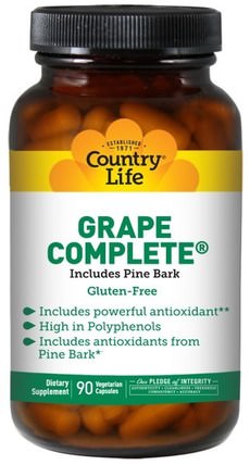 Grape Complete, Includes Pine Bark, 90 Veggie Caps by Country Life, 補充劑，抗氧化劑，葡萄籽提取物，葡萄提取物 HK 香港