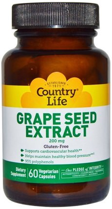 Grape Seed Extract, 200 mg, 60 Veggie Caps by Country Life, 補充劑，抗氧化劑，葡萄籽提取物 HK 香港