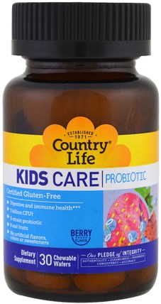 Kids Care probiotic, Berry Flavor, 30 Chewable Wafers by Country Life, 補充劑，兒童益生菌 HK 香港