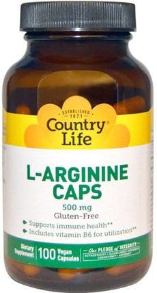 L-Arginine Caps, 500 mg, 100 Vegan Caps by Country Life, 補充劑，氨基酸，精氨酸 HK 香港