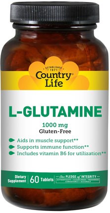 L-Glutamine, 1000 mg, 60 Tablets by Country Life, 補充劑，氨基酸，l谷氨酰胺 HK 香港