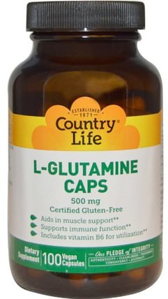 L-Glutamine Caps, 500 mg, 100 Vegan Caps by Country Life, 補充劑，氨基酸，l谷氨酰胺，l谷氨酰胺帽 HK 香港