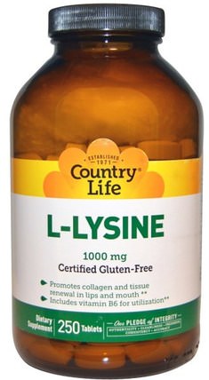 L-Lysine, 1000 mg, 250 Tablets by Country Life, 補充劑，氨基酸，l賴氨酸 HK 香港