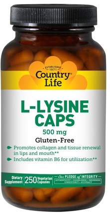 L-Lysine Caps, 500 mg, 250 Veggie Caps by Country Life, 補充劑，氨基酸 HK 香港